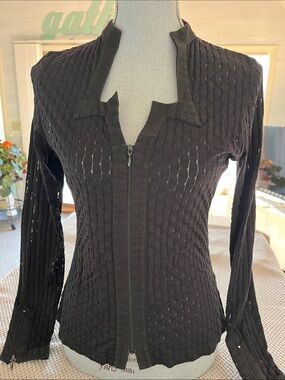 Anne Fontaine Black Textured Zip-Front Long Sleeve Blouse